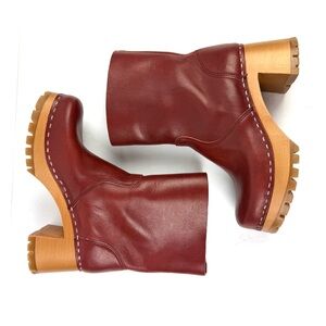 Swedish Hasbeens Plain Boot 36 Dark Red Leather Pull On Mid Calf Bootie US 6